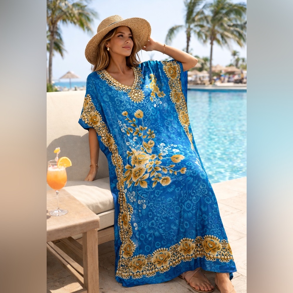 BOHO Blue Floral Caftan Kaftan Resort Beach Dress Lounge One Size NWT